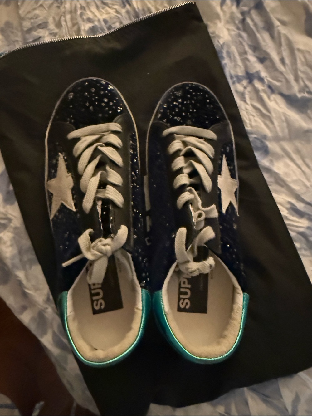 Kids Navy Star Glitter Sneakers with Teal Heel